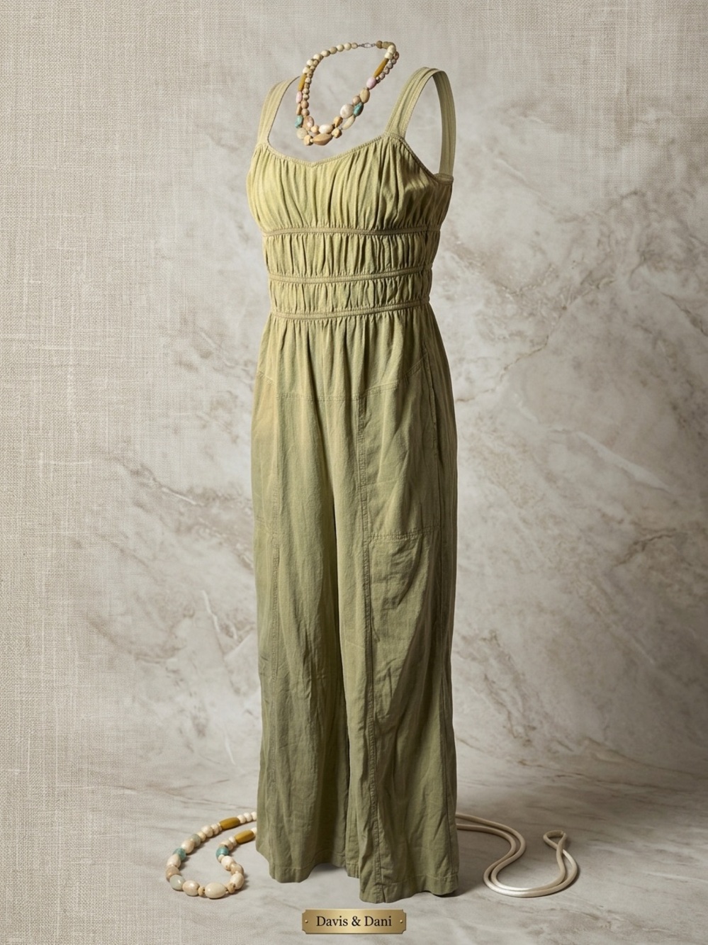 DAVI & DANI Light Olive Green Smocked Wide-Leg Jumpsuit